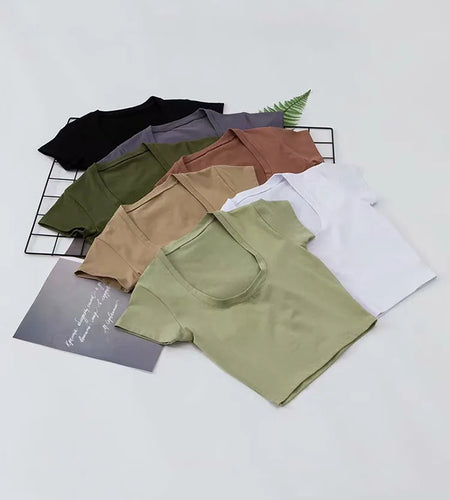 U-Neck Crop Top Solid Color Women Casual High Waist T Shirt Basic Sexy Streetwear Short Sleeve Slimming Tops