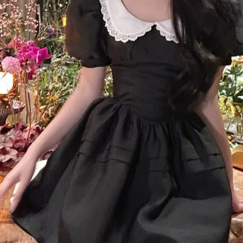 Load image into Gallery viewer, Kawaii Black Mini Dress Peter Pan Collar Vintgae Sweet Cute Wrap Puff Sleeve Short Dresses Party
