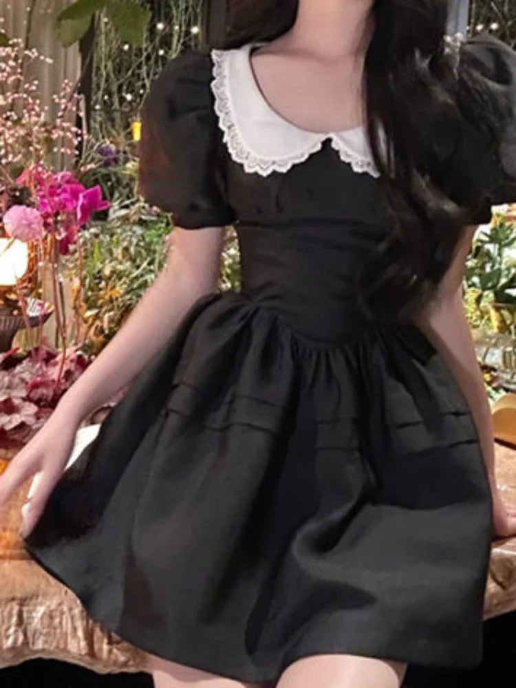 Kawaii Black Mini Dress Peter Pan Collar Vintgae Sweet Cute Wrap Puff Sleeve Short Dresses Party