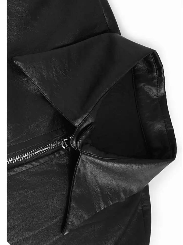 Women Black Pu Leather Pleated Big Size Mini Shirt Dress New Lapel Long Sleeve Fashion Tide Spring Autumn 2025 1DH7337