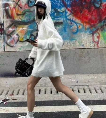 Streetwear Solid Grunge Zipper Hooded Sweaters 2025 Autumn Y2k Aesthetic Loose Casual Pullovers Women Oversized Harajuku Jumpers