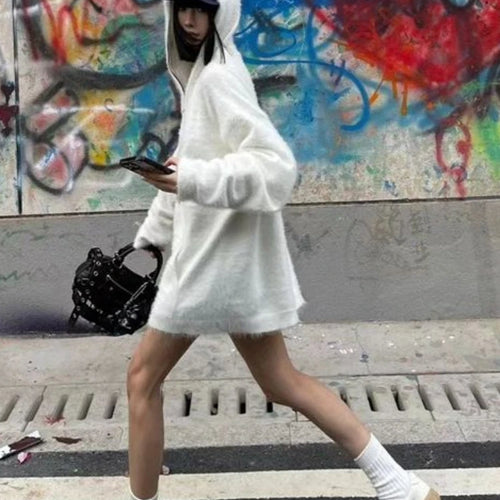 Load image into Gallery viewer, Streetwear Solid Grunge Zipper Hooded Sweaters 2025 Autumn Y2k Aesthetic Loose Casual Pullovers Women Oversized Harajuku Jumpers
