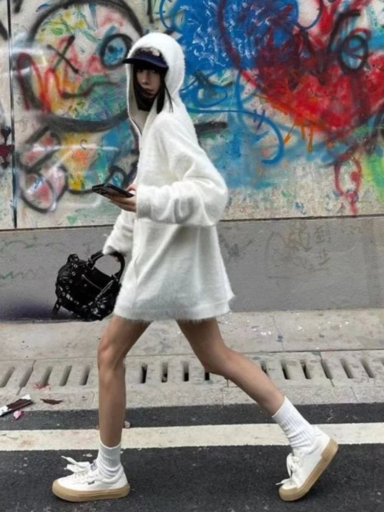 Streetwear Solid Grunge Zipper Hooded Sweaters 2025 Autumn Y2k Aesthetic Loose Casual Pullovers Women Oversized Harajuku Jumpers