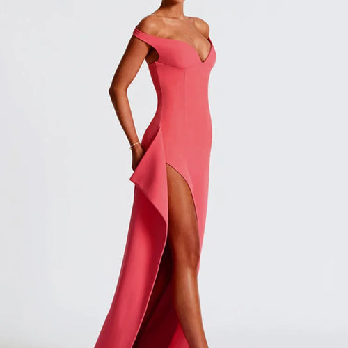 Load image into Gallery viewer, Off-shoulder Backless Split Sexy Maxi Dress Women Gown Pink Summer New Zipper Strapless Evening Club Party Long Dress
