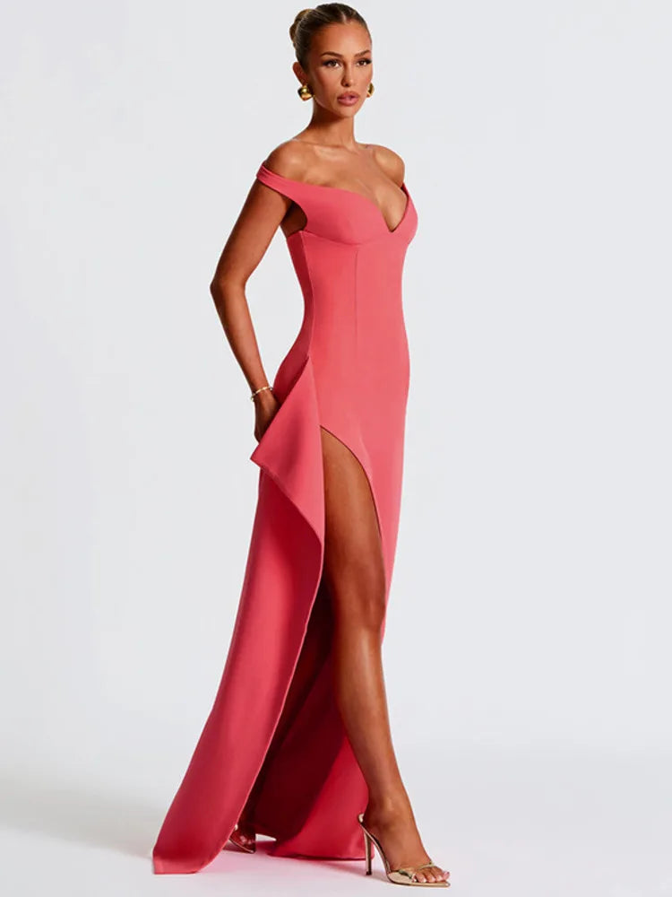 Off-shoulder Backless Split Sexy Maxi Dress Women Gown Pink Summer New Zipper Strapless Evening Club Party Long Dress