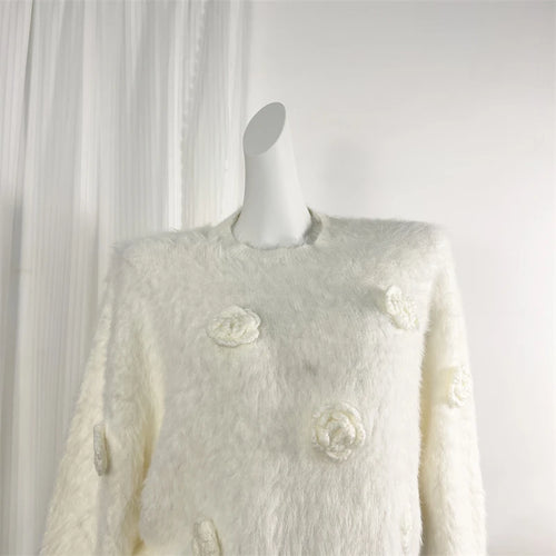 Load image into Gallery viewer, Autumn Winter White Mink Flower Decoration Short Knitted Sweater Women Retro Round Neck Vacation Long Sleeves Soft Pullover Tops
