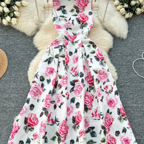 Load image into Gallery viewer, Women White Pink Flower Elegant Vest Long Dress 2025 Summer New Retro Sleeveless Fashion High Waist Pleated Dress Bohemian Trend

