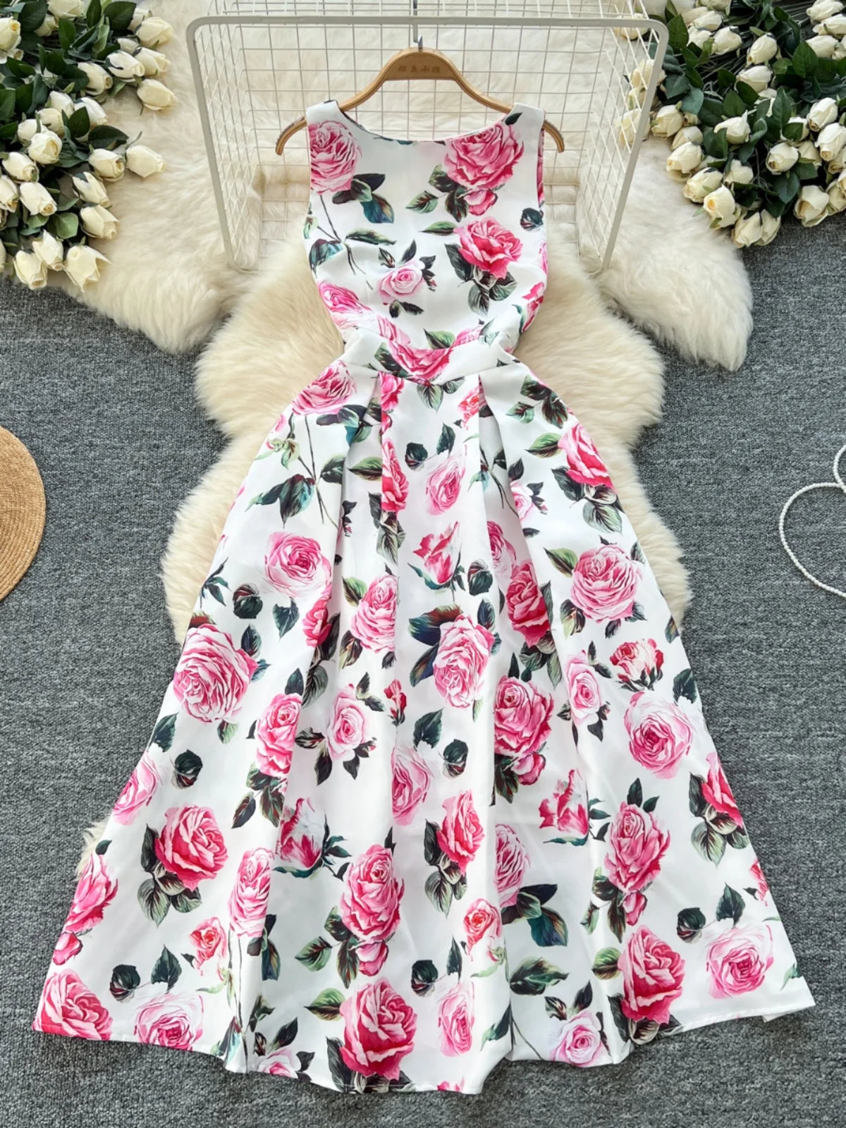 Women White Pink Flower Elegant Vest Long Dress 2025 Summer New Retro Sleeveless Fashion High Waist Pleated Dress Bohemian Trend