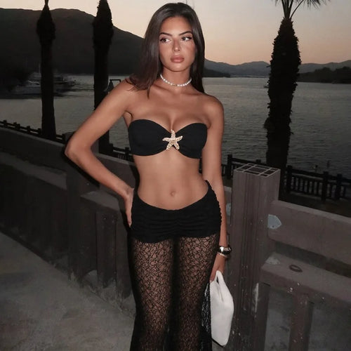 Load image into Gallery viewer, Strapless Sexy Tops And Skirt 2 Pieces Sets Wome Lace Sleeveless Crop Tops And See Through Long Skirt Two Pieces Sets
