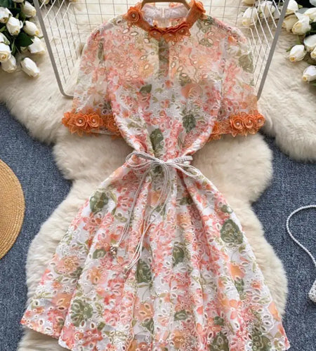 French Retro Women Embroidered Flower Bead Round Neck Short Sleeved Mini Dress Summer Hollowed Out Lace-up Evening Party Dresses