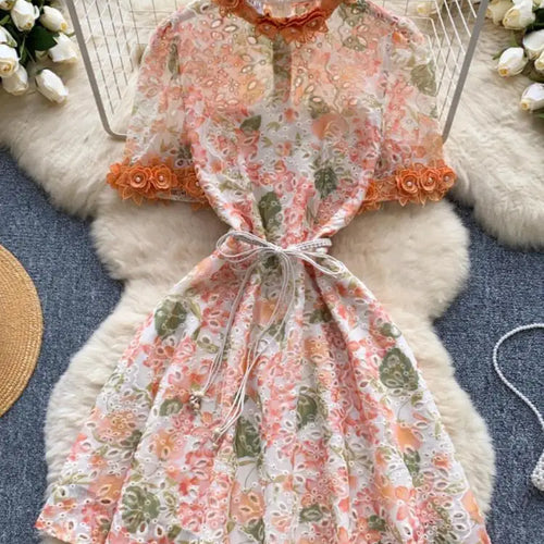 Load image into Gallery viewer, French Retro Women Embroidered Flower Bead Round Neck Short Sleeved Mini Dress Summer Hollowed Out Lace-up Evening Party Dresses
