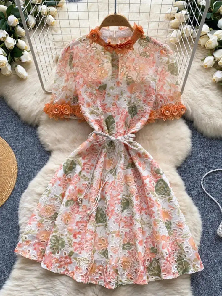 French Retro Women Embroidered Flower Bead Round Neck Short Sleeved Mini Dress Summer Hollowed Out Lace-up Evening Party Dresses