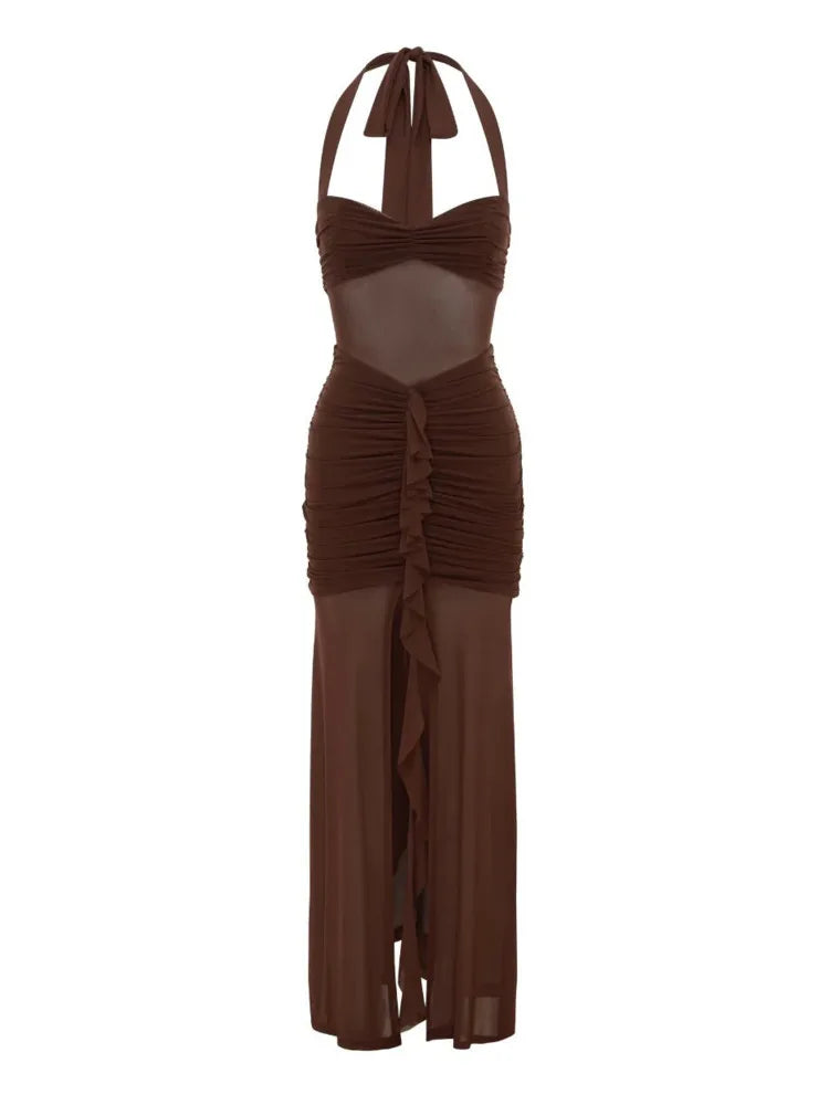 Elegant Mesh Perspective Double Layer Long Dress Women Sexy Backless Bodycon Split Evening Dress Party Holiday Vestido