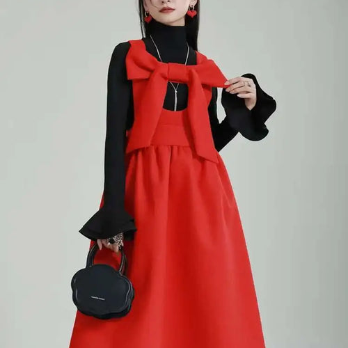 Load image into Gallery viewer, Women Gray Bow Bandage Spliced Long Elegant Woolen Dress New Sleeveless Loose Fit Fashion Tide Autumn Winter 2025 1DF3527
