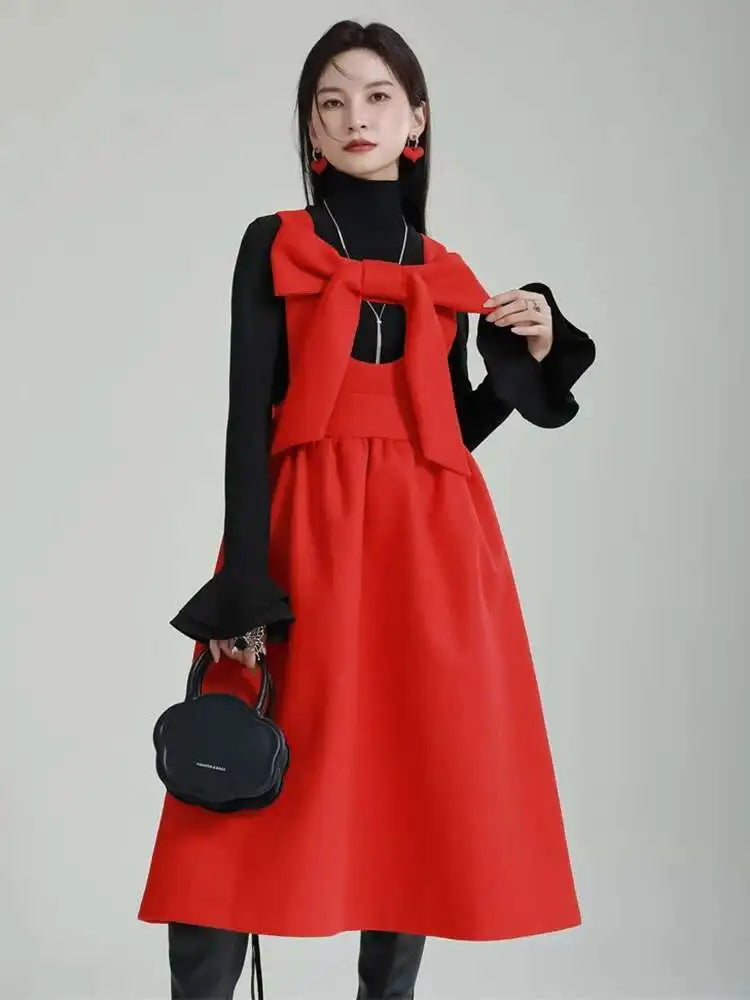 Women Gray Bow Bandage Spliced Long Elegant Woolen Dress New Sleeveless Loose Fit Fashion Tide Autumn Winter 2025 1DF3527
