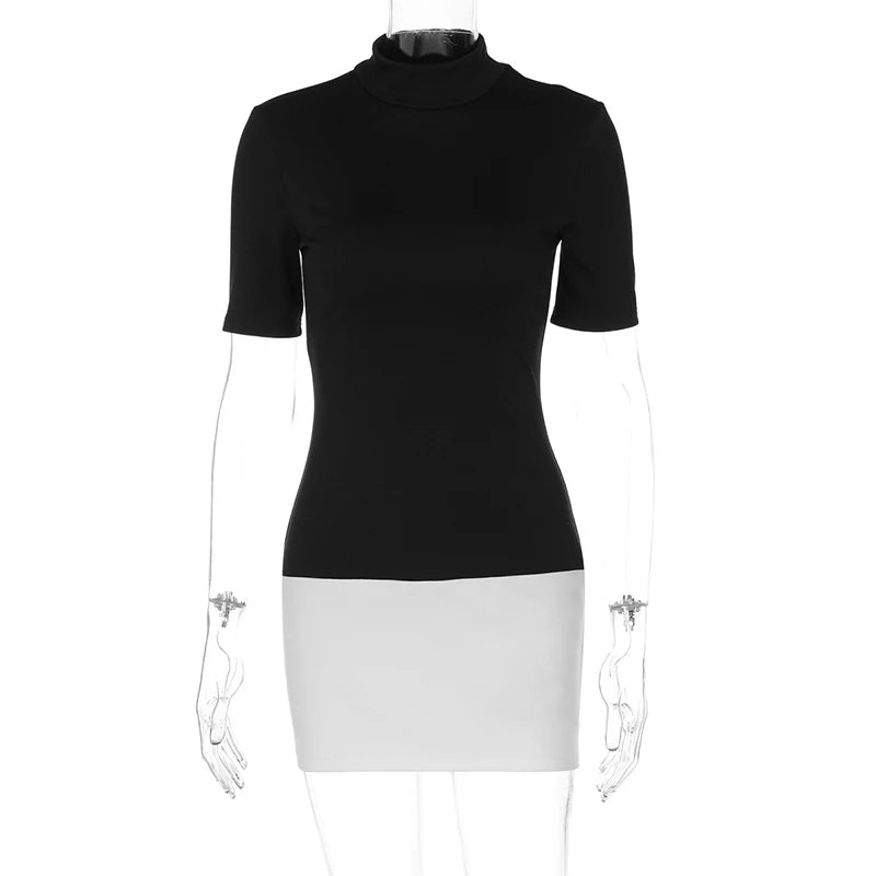 Sexy Half High Collar Half Sleeve Patchwork Mini Dress Women Slim Elegant High Waist Dress Streetwear Female Clothes