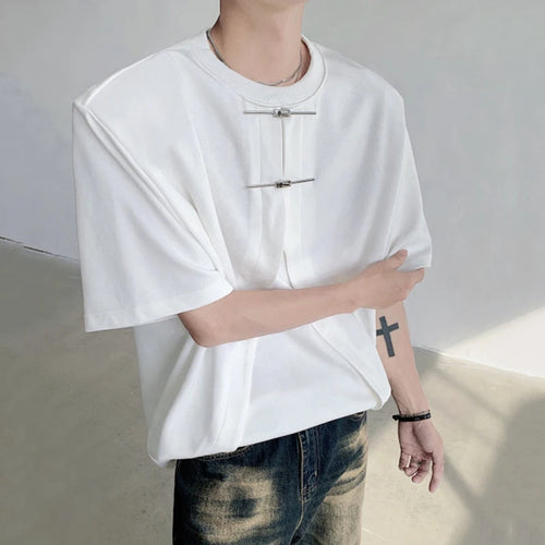 Load image into Gallery viewer, Simple Casual Male Top New Chinese Style Knot Buckle Design Shoulder Pad Short Sleeve T-shirt Trendy Solid Color C6001
