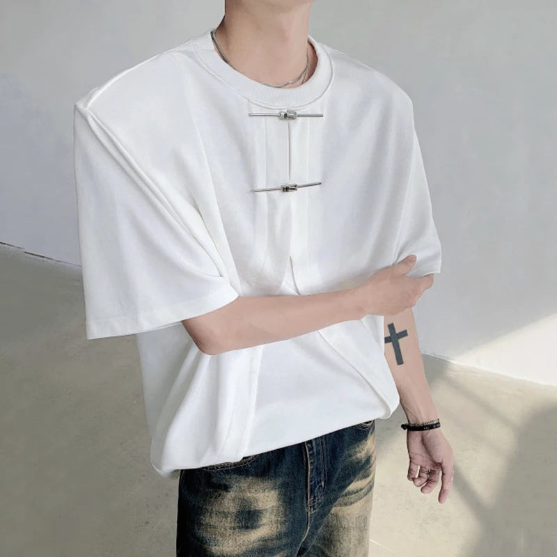 Simple Casual Male Top New Chinese Style Knot Buckle Design Shoulder Pad Short Sleeve T-shirt Trendy Solid Color C6001