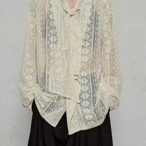 Load image into Gallery viewer, Women Black Lace Hollow Out Big Size Blouse New Bow Collar Long Sleeve Shirt Fashion Tide Spring Autumn 2025  1DJ1179
