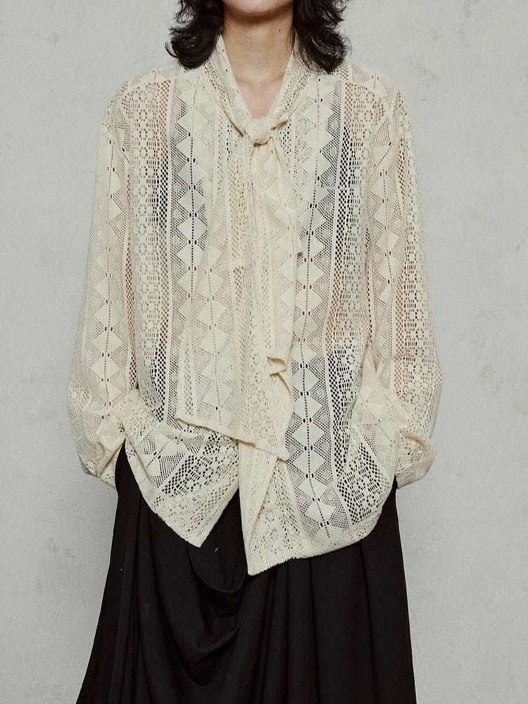 Women Black Lace Hollow Out Big Size Blouse New Bow Collar Long Sleeve Shirt Fashion Tide Spring Autumn 2025  1DJ1179