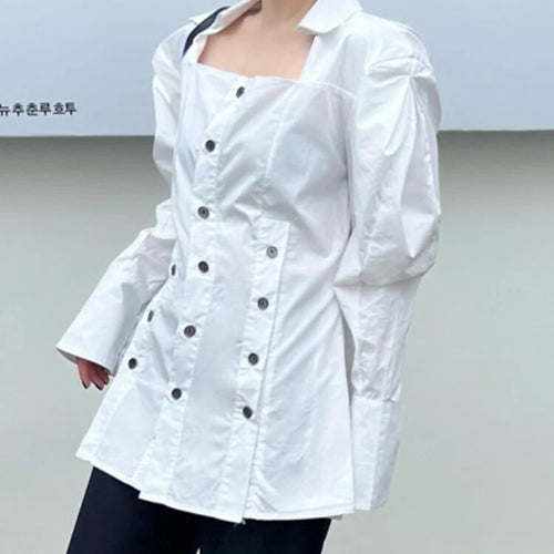 Load image into Gallery viewer, Patchwork Triple Breasted Shirts For Women Square Collar Puff Sleeve Tunic Slimming Solid Blouse Female Fashion
