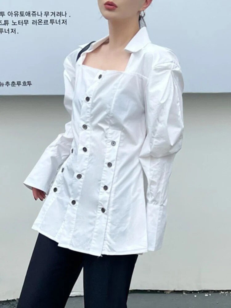 Patchwork Triple Breasted Shirts For Women Square Collar Puff Sleeve Tunic Slimming Solid Blouse Female Fashion