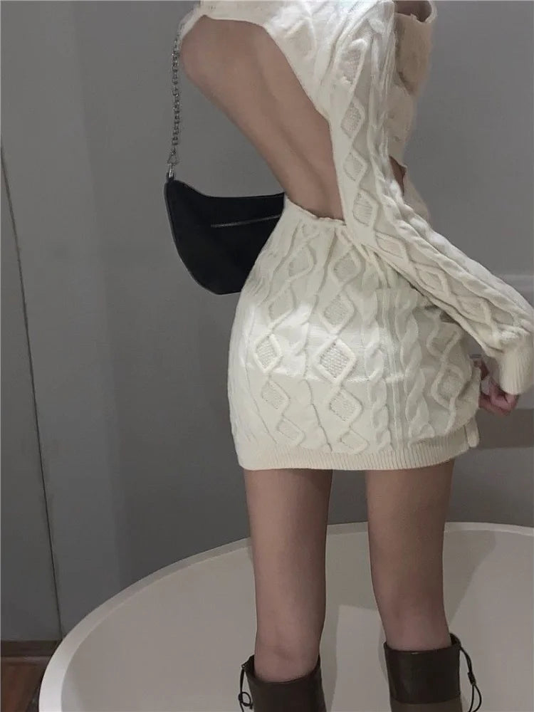 Sexy Backless White Knit Knitted Sweater Dress Women Korean Style Fashion Kpop Bodycon Slim Mini Short Dresses