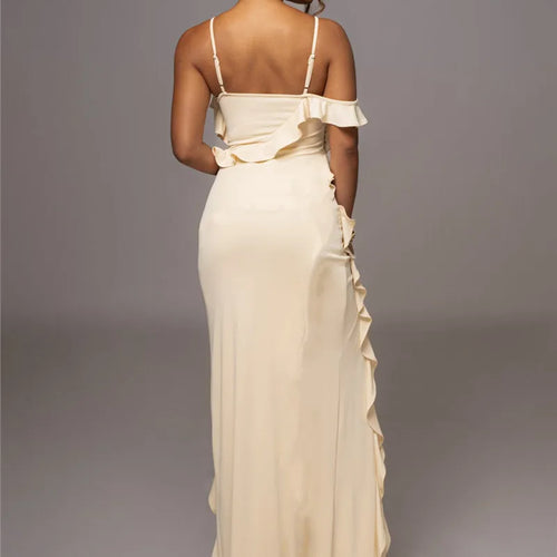 Load image into Gallery viewer, Elegant Ruffle Sexy Maxi Dress Women Spaghetti Strap Flower Sleeveless Backless High Split Club Party Evening Dress
