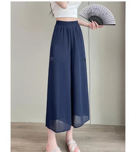 Chinese Style Summer Black Blue Elastic High Waist Ankle-length Trousers Women Brown Wide Leg Pleated Pants Simplicity Clothing