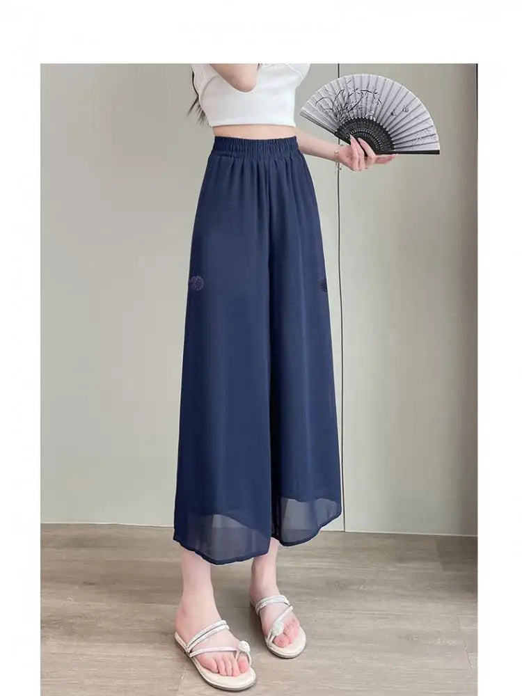 Chinese Style Summer Black Blue Elastic High Waist Ankle-length Trousers Women Brown Wide Leg Pleated Pants Simplicity Clothing
