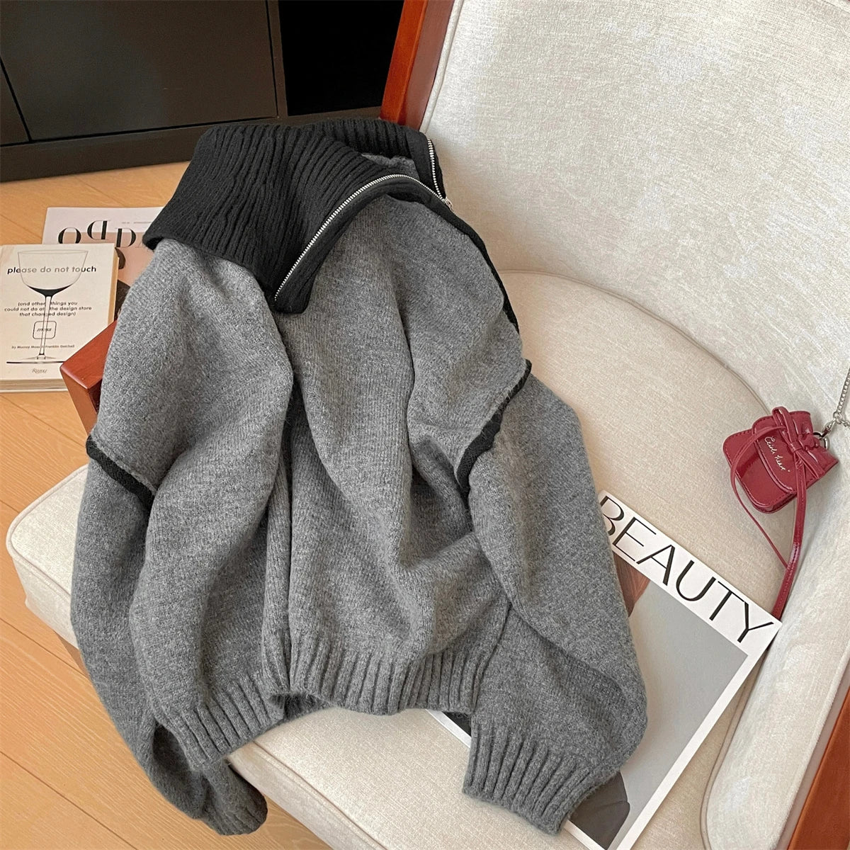 Korean Fashion Autumn Winter Grey Patchwork Elegant Long Sleeves Knit Sweater Women's Half Zipper Pullover Short Tops Streetwear
