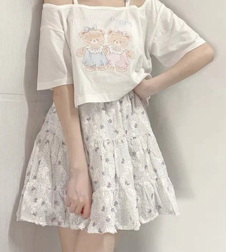 Soft Girls Kawaii Sweet Crop Tops Women Bear Print Short Sleeve Y2k T-shirt Women Off Shoulder Graphic Tshirt