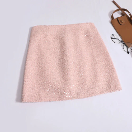 Load image into Gallery viewer, Summer Women Fashion Pink Sequin Temperament Wrapped Hip Short Skirt 2024 New Vintage Blakc Beige High Waist A Line Mini Skirts
