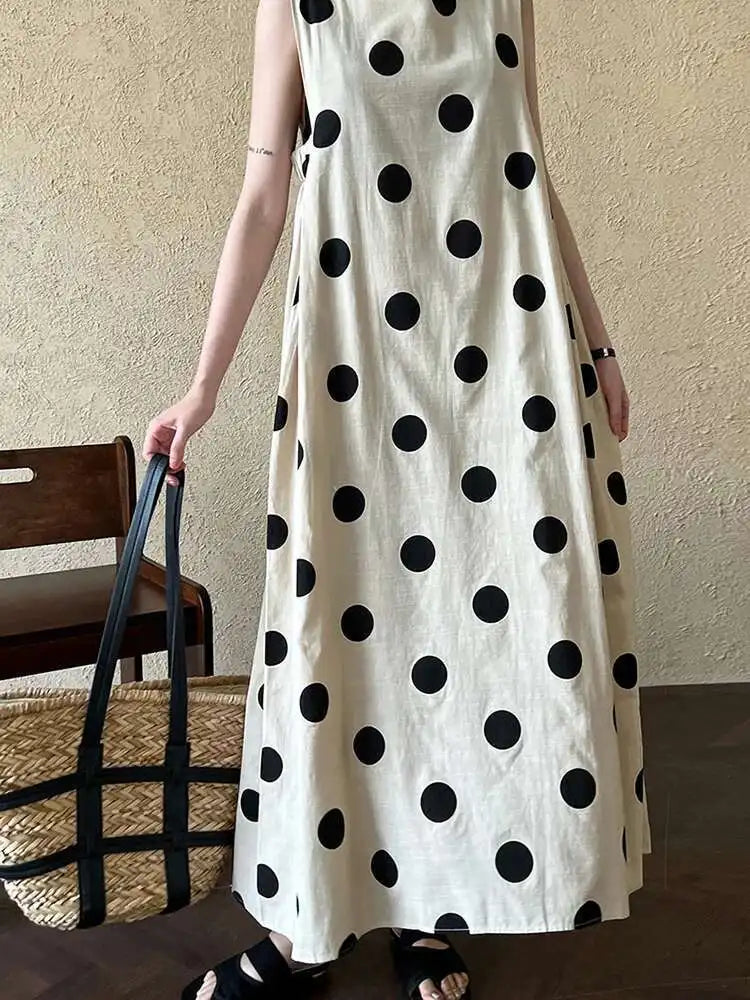 Women White Dot Printed Pleated Big Size Elegant Dress New Round Neck Sleeveless Fashion Tide Spring Summer 2025 1DJ0367