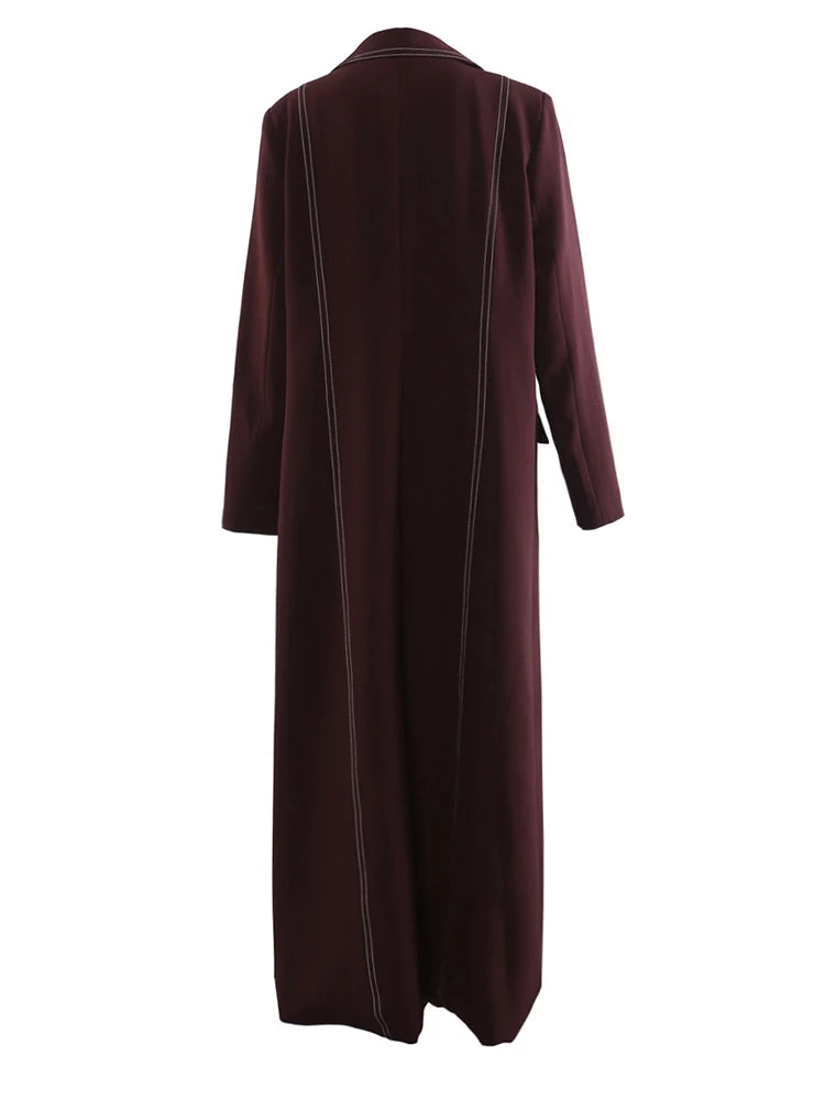 Women Wine Red Topstitched Big Size Long Blazer New Lapel Long Sleeve Jacket Fashion Tide Spring Autumn 2025 1DJ1287