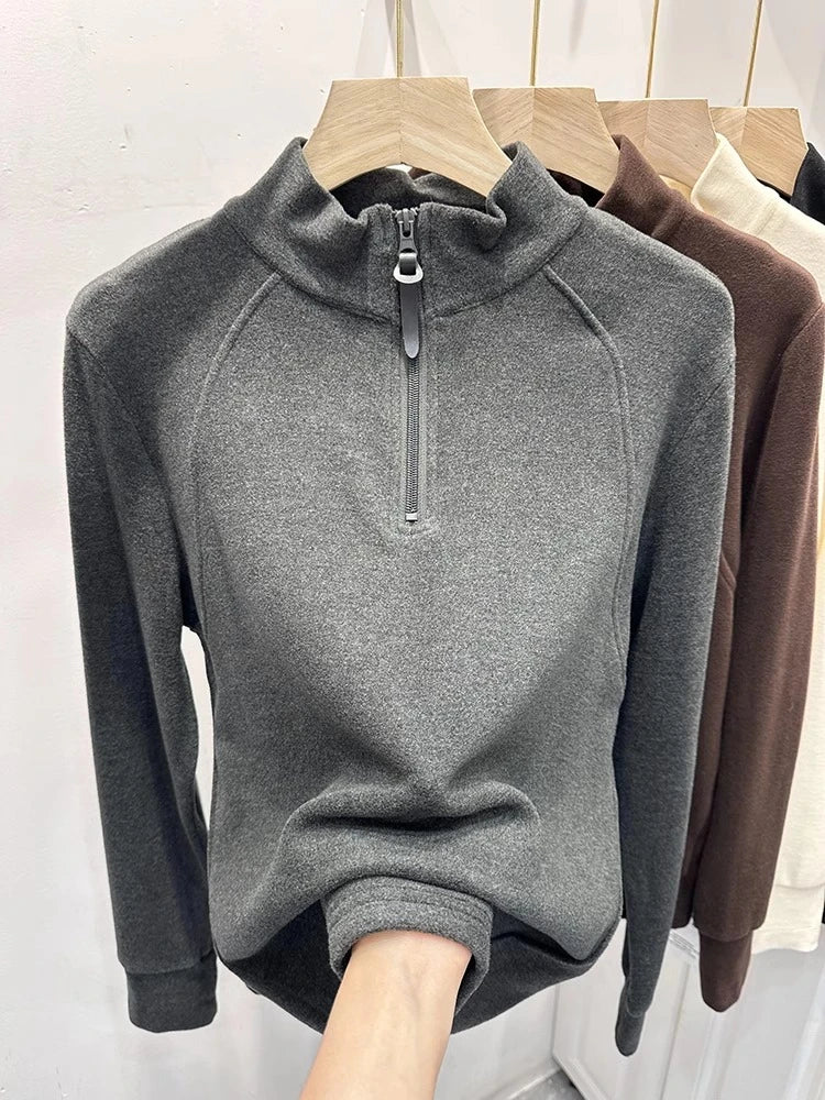 Autumn Winter Korean Fashion Solid Half Zipper Stand Pullover T Shirt Women Long Sleeved Tops 2024 Simplicity Versatile Clothing