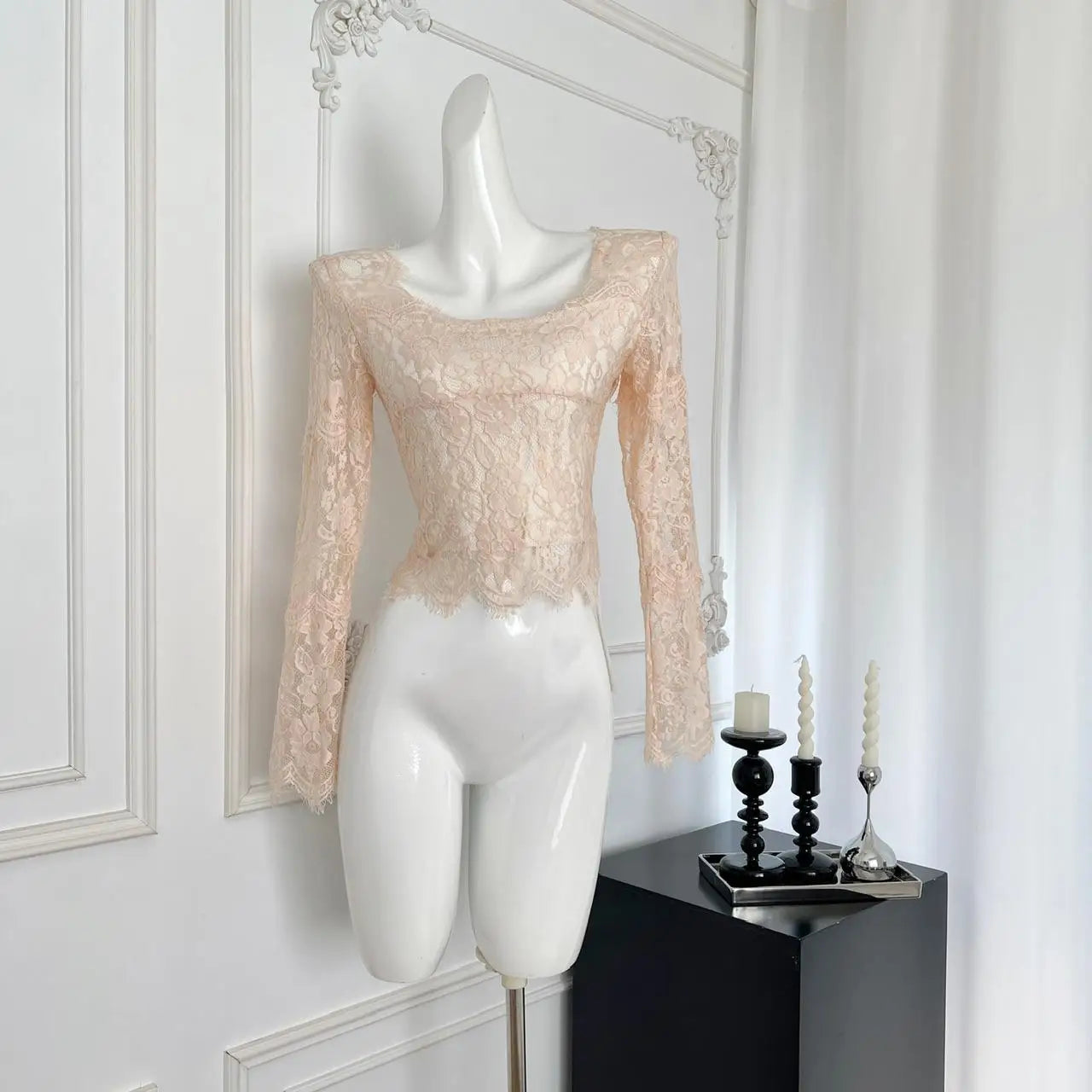 Autumn Blue Lace Square Neck Elegant Slim T Shirt Women's New Vintage Pink Long Sleeves Vacation Short Tops Simplicity Clothing