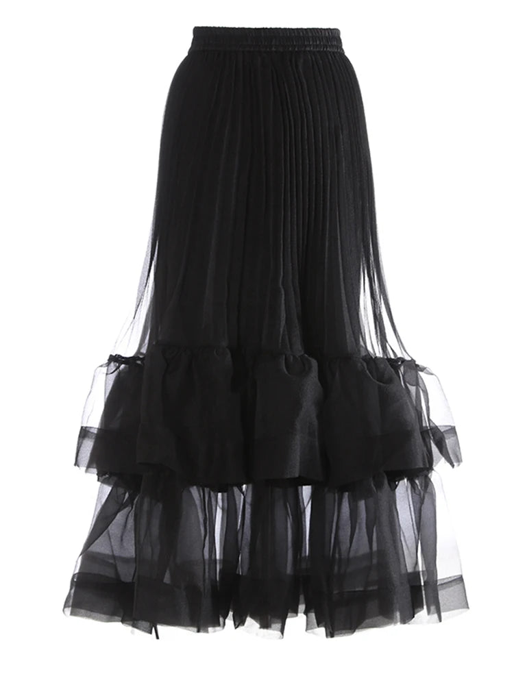 High Elastic Waist Rose Red Duoble Layers Organza Pleated Half-body Skirt Women Fashion New Spring Autumn 2025 1DJ0987