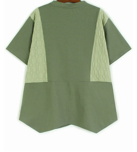 Women Green Plaid Color-block Zipper Big Size T-shirt New Round Neck Short Sleeve Fashion Tide Spring Summer 2025 1DJ0860