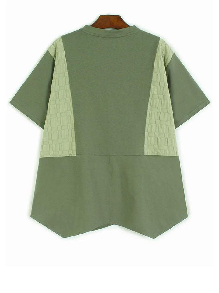 Women Green Plaid Color-block Zipper Big Size T-shirt New Round Neck Short Sleeve Fashion Tide Spring Summer 2025 1DJ0860