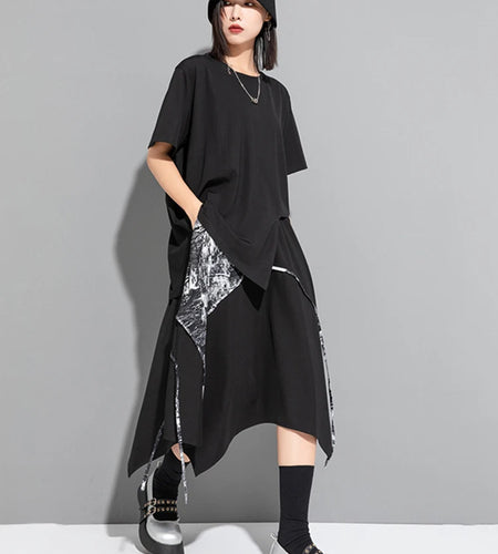 Women Black Irregular Hem Big Size Casual T-shirt New Round Neck Short Sleeve Fashion Tide Spring Summer 2025 1DJ1743