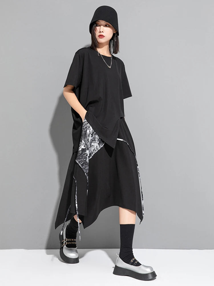 Women Black Irregular Hem Big Size Casual T-shirt New Round Neck Short Sleeve Fashion Tide Spring Summer 2025 1DJ1743