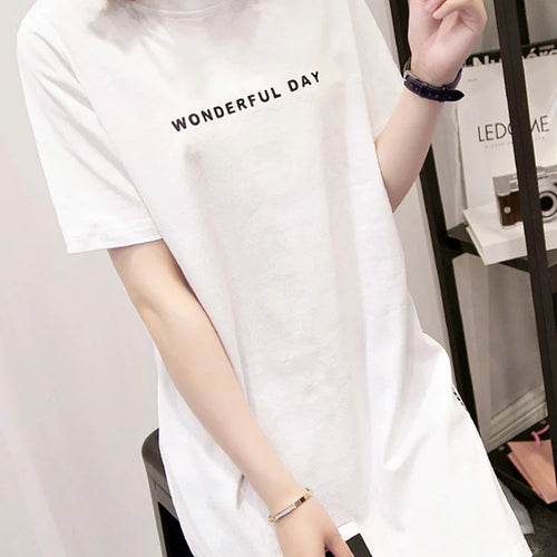 Load image into Gallery viewer, WONDERFUL DAY Print Long T shirts Summer Women Loose Slit Femme Tops Cotton Tshirt Short sleeve Ladies t-shirt
