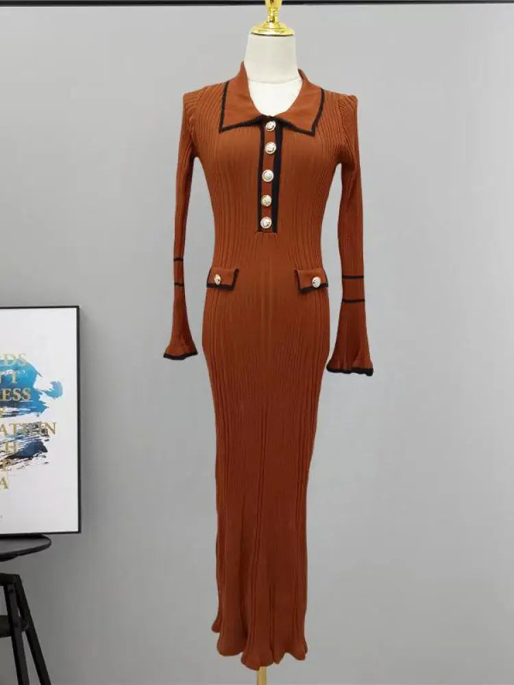 Autumn Winter Patchwork Single-breasted Casual Pullover Sweater Dress Elegant Office Women's Temperament Long Sleeve Knit Dress
