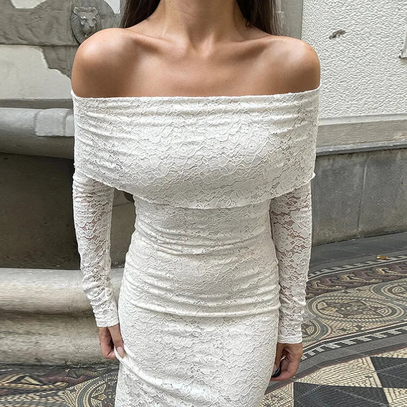 Lace Off-shoulder Sexy Maxi Dress For Women White Strapless Long Sleeve Backless Bodycon Club Party Sexy Long Dress