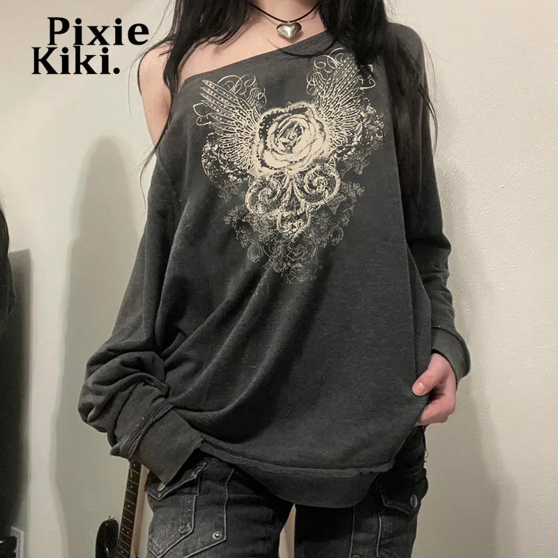 Trashy Y2k Graphic Hoodie Fairy Grunge One Shoulder Long Sleeve Top Street Fashion Pullovers Women P67-CD28