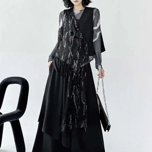 Load image into Gallery viewer, Big Size Irregular Vest Sequins Wide Leg Pants Two Piece Suit New V-Neck Sleeveless Women Fashion Tide Spring Autumn 2025
