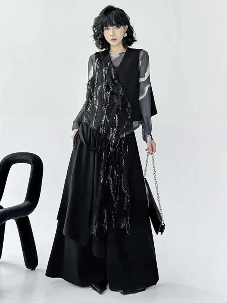 Big Size Irregular Vest Sequins Wide Leg Pants Two Piece Suit New V-Neck Sleeveless Women Fashion Tide Spring Autumn 2025