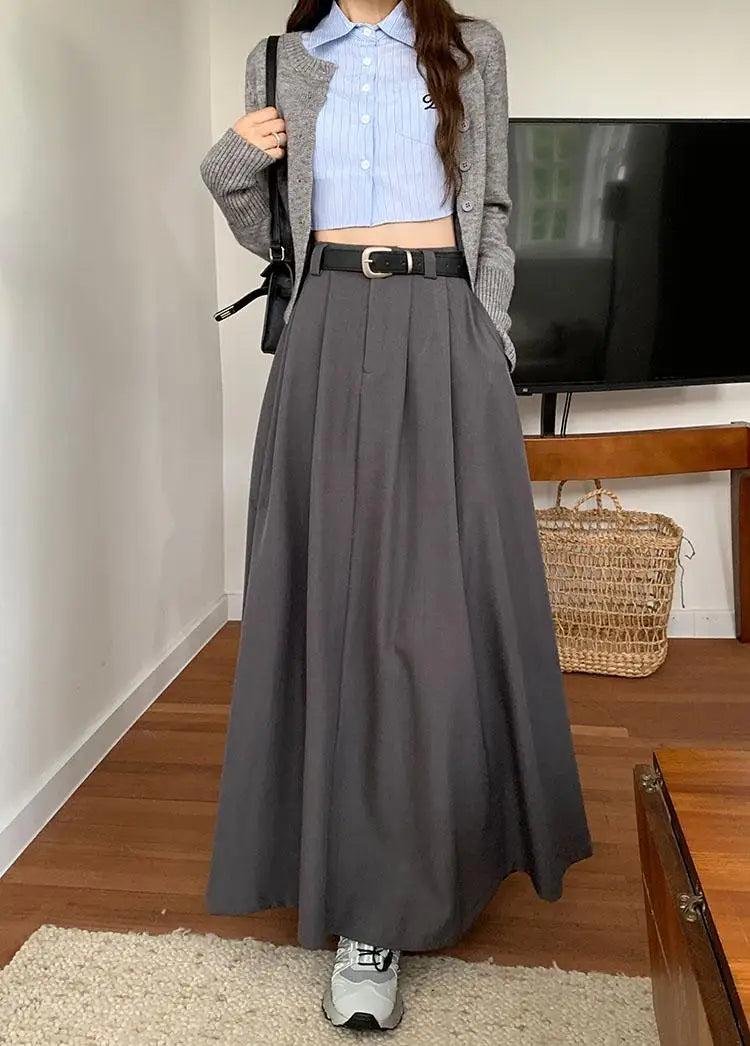Korean Black High Waist Pleated Woman Grey Suit Skirt Female 2023 Autumn Ladies Casual Fashion Beige Festival A-line Long Skirts