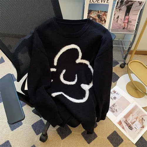 Load image into Gallery viewer, Korean Women's Black White Patchwork Long Sleeve Round Neck Sweater Autumn Winter Loose Elegant Knitted Pullover Top Thick Trend
